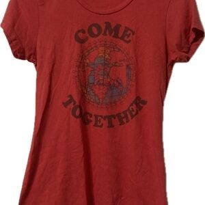Vintage Beatles 'Come Together' Graphic Tee in red with lyrics on back